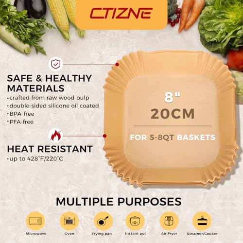 ctizne Air Fryer Liners Disposable - 300Pcs 8In Square Parchment Paper for Air Fryer Non-Stick Airfryer Basket Liners for Steamer Microwave Oven - Image 2