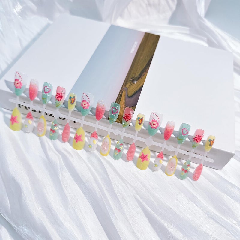 FDSQHSA 30pcs Summer Press on Nails Medium Almond Fake Nails with 3D Flower Starfish Designs Summer Beach False Nails Pearl Glue on Nails Handmade Full Cover Acrylic Nails Stick on Nails for Women - Image 4