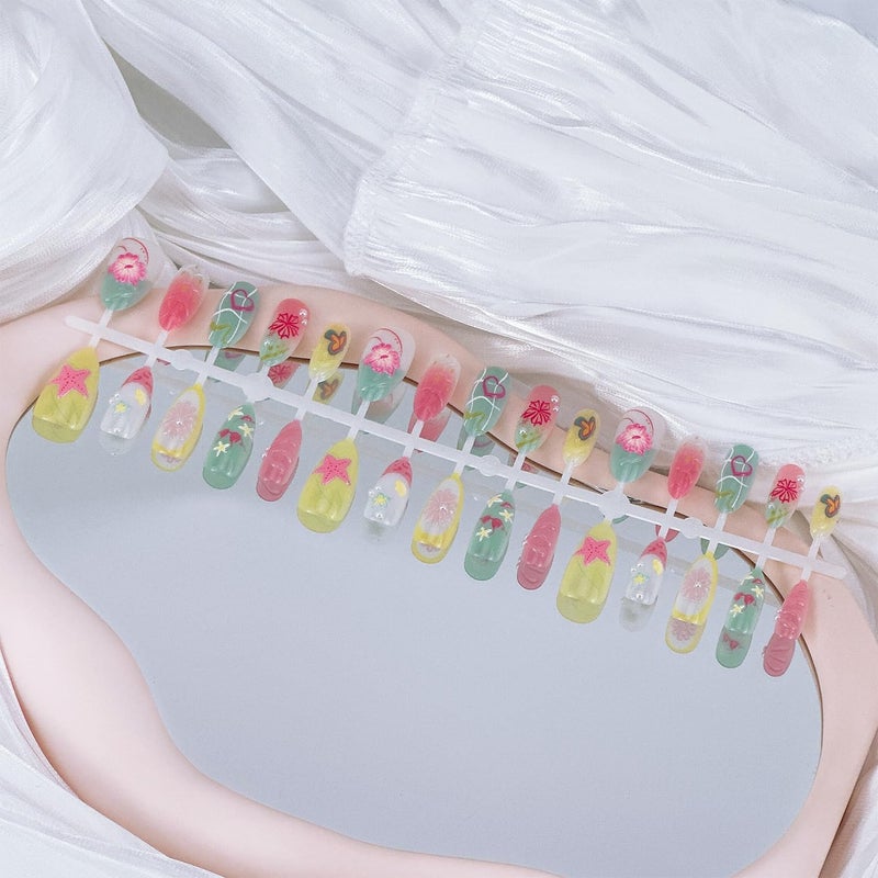 FDSQHSA 30pcs Summer Press on Nails Medium Almond Fake Nails with 3D Flower Starfish Designs Summer Beach False Nails Pearl Glue on Nails Handmade Full Cover Acrylic Nails Stick on Nails for Women - Image 3