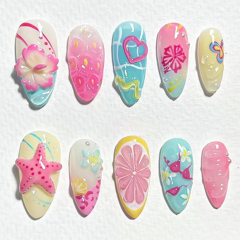 FDSQHSA 30pcs Summer Press on Nails Medium Almond Fake Nails with 3D Flower Starfish Designs Summer Beach False Nails Pearl Glue on Nails Handmade Full Cover Acrylic Nails Stick on Nails for Women - Image 1