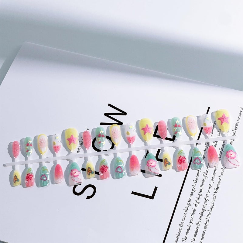 FDSQHSA 30pcs Summer Press on Nails Medium Almond Fake Nails with 3D Flower Starfish Designs Summer Beach False Nails Pearl Glue on Nails Handmade Full Cover Acrylic Nails Stick on Nails for Women - Image 5