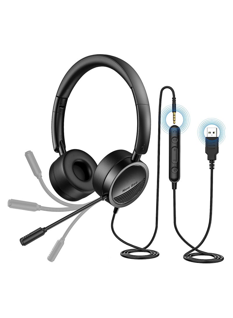 New Bee H360 USB Headsets with Microphone for PC Laptop, Wired Computer Headphones with 3.5mm Jack Noise Cancelling Mic & Audio Controls Comfortable Light Weight for Office, Call Center, Business, Skype - Image 1