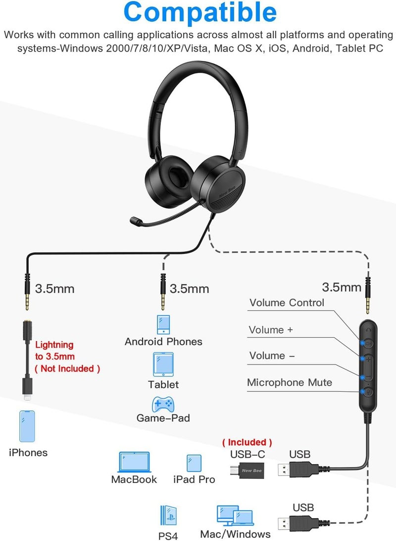 New Bee H360 USB Headsets with Microphone for PC Laptop, Wired Computer Headphones with 3.5mm Jack Noise Cancelling Mic & Audio Controls Comfortable Light Weight for Office, Call Center, Business, Skype - Image 5