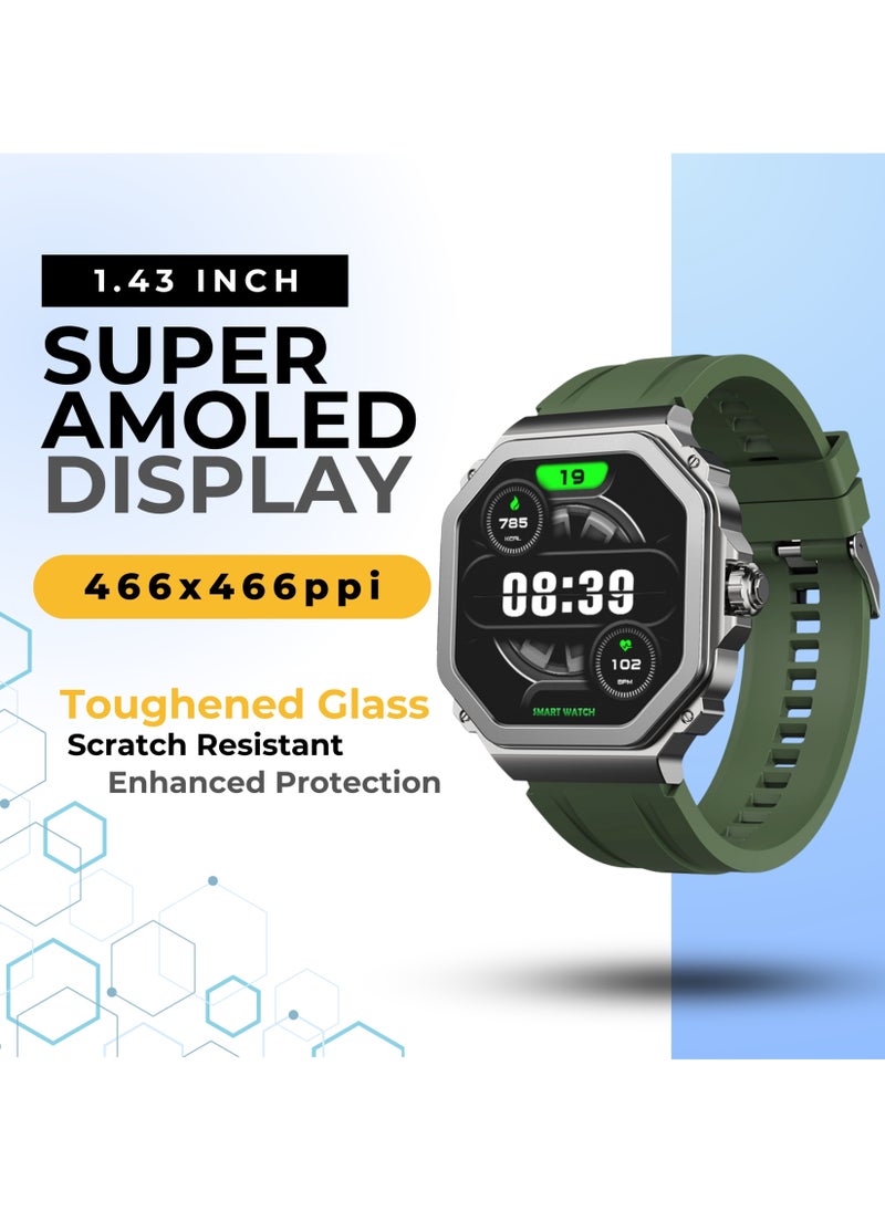 GRABIT - G-TRAX Smartwatch AMOLED Display & Bluetooth Calling features a 1.43” Super AMOLED display, Bluetooth calling, SOS calling, and AI voice assistant. With heart rate monitoring, sports modes, and 100+ watch faces, it’s perfect for fitness and daily use. A 400mAh battery offers 30-day standby, and the IP68 zinc alloy body ensures durability. Compatible with iPhone, Samsung, OnePlus, Xiaomi, Huawei, Google Pixel, and more. It comes in Metal Black with an extra stainless-steel strap. - Image 1