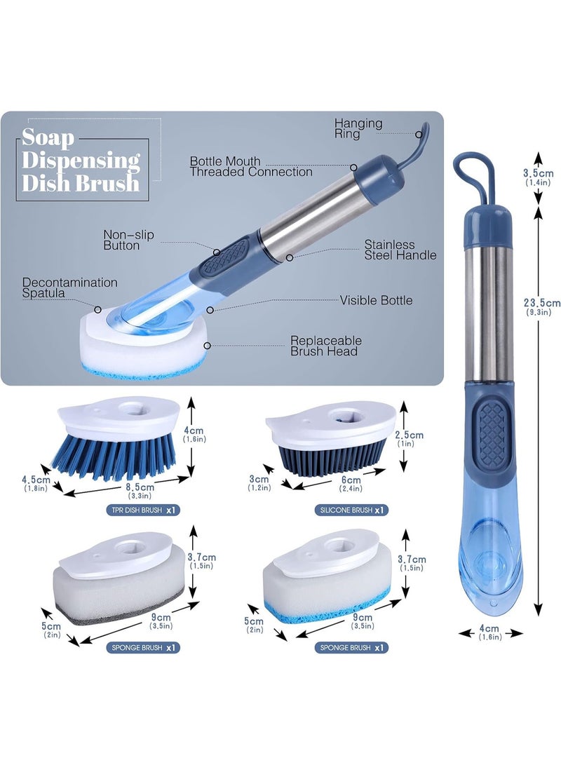 Soap Dispensing Dish Brush, Washing Up Brushes with Long Handle & 3pcs Replacement Heads, Kitchen Brush for Pans Pots Sink - Image 2