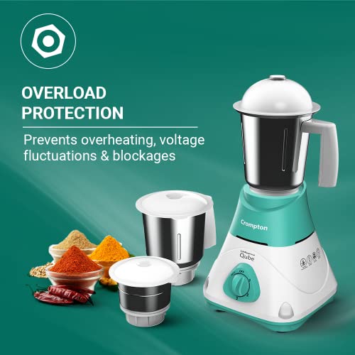 CROMPTON QUBE 3J 750W POWERTRON MOTOR MIXER GRINDER MOTOR VENT-X TECHNOLOGY (3 STAINLESS STEEL JARS, SEAGREEN & WHITE) - Image 4