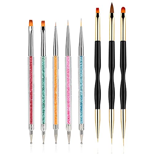 FULINJOY 8PCS Nail Art Brushes DoubleEnded Brush and Dotting Tool Kit Dual End Nail Art Pen Brush Acrylic Round Flat Painting Drawing Liner Nail Tools - Image 1