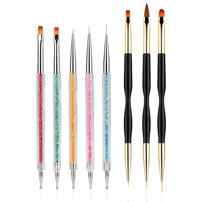 FULINJOY 8PCS Nail Art Brushes DoubleEnded Brush and Dotting Tool Kit Dual End Nail Art Pen Brush Acrylic Round Flat Painting Drawing Liner Nail Tools - Image 3