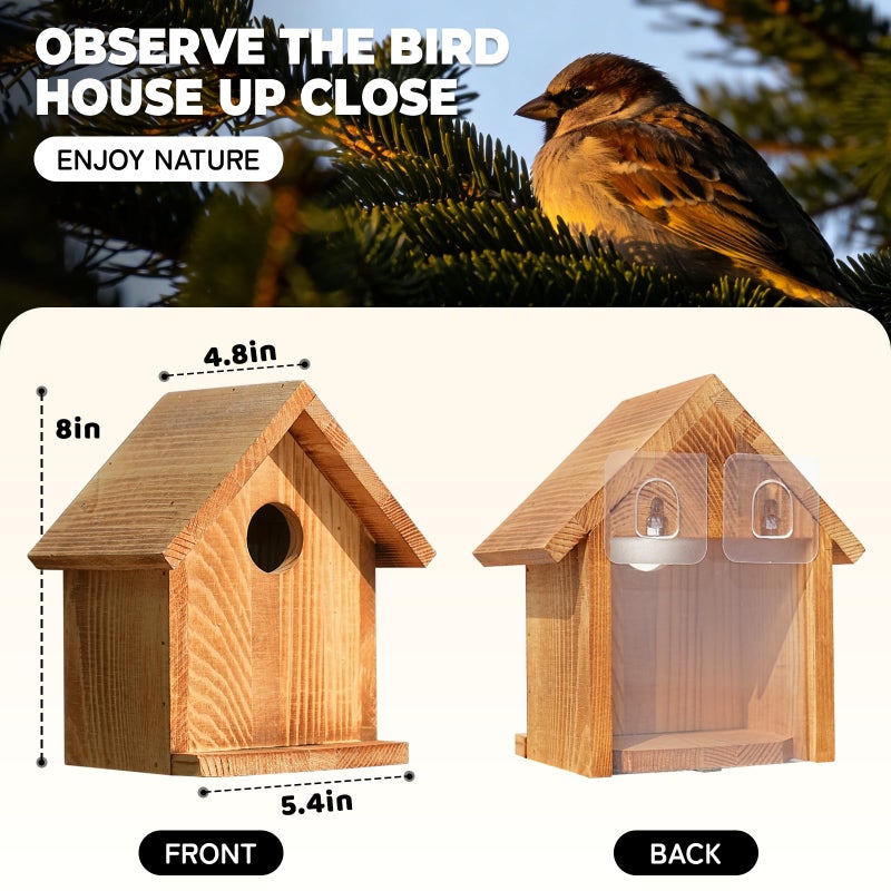 ANSTEEP Window Bird Houses for Outside with 2 Powerful Hooks, Clear Window Bird House for Viewing Inside, Hanging Wooden Birdhouses to Paint for Outdoors, Bird Nesting Box for Bluebird Finch Chickadee - Image 2