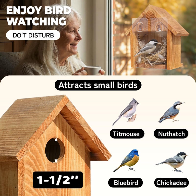 ANSTEEP Window Bird Houses for Outside with 2 Powerful Hooks, Clear Window Bird House for Viewing Inside, Hanging Wooden Birdhouses to Paint for Outdoors, Bird Nesting Box for Bluebird Finch Chickadee - Image 3