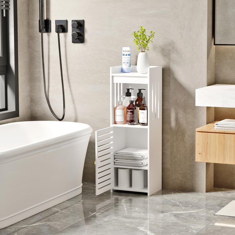 POBOMULI Narrow Bathroom Storage Cabinet, 5-Tier Slim Bathroom Organizers with Door and Open Shelf for Toilet Bathroom Small Spaces (7.9" D x 9.8" W x 31.5" H) - Image 2