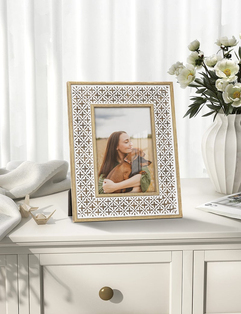 Sonefreiy إطار صور سونيفري 5x7 إطار صور بوهيمي ديكور مغربي متآكل 5 x 7 نمط إطار للمنضدة والجدار هدية للنساء والأمهات والجدات والعائلة والأصدقاء - Image 3