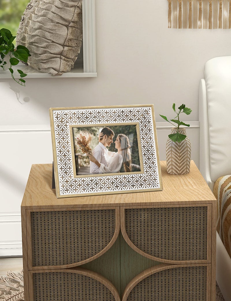 Sonefreiy إطار صور سونيفري 5x7 إطار صور بوهيمي ديكور مغربي متآكل 5 x 7 نمط إطار للمنضدة والجدار هدية للنساء والأمهات والجدات والعائلة والأصدقاء - Image 2