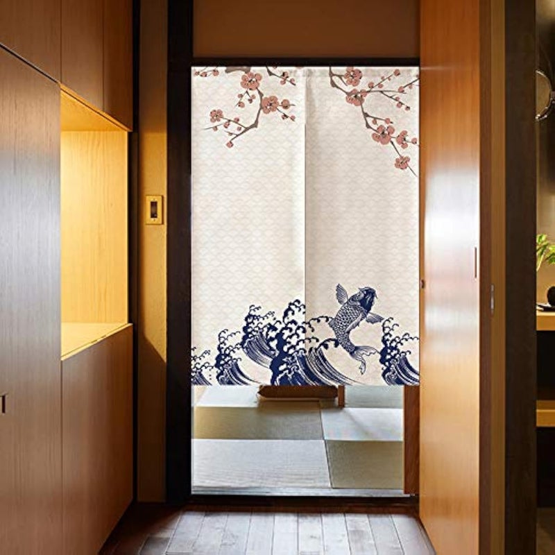 MYRU Noren Koi Fish Japanese Entrance Feng Shui Door Curtain Plum Fish 33 by 59 Inch