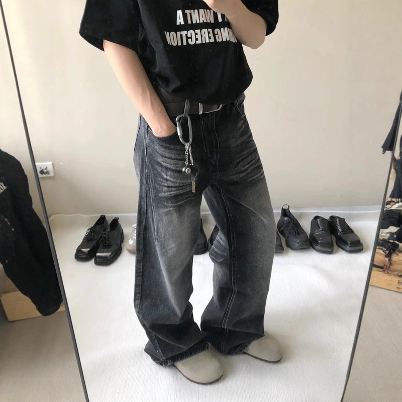 American Retro Washed Black Cleanfit Distressed Whiskers Versatile Wide-Leg Jeans For Men And Women Lazy - Image 5