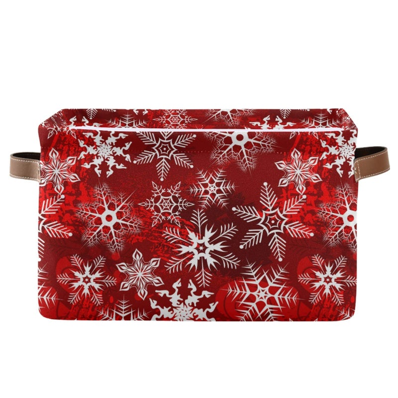 senya Christmas Basket Box Large Foldable Christmas Storage Basket with Handles Christmas Red Pattern with Snowflakes Flower Fabric Collapsible Storage Bins Organizer Bag