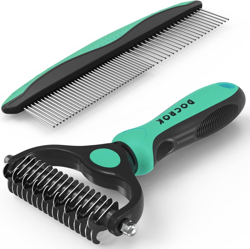 Docrok Pet Grooming Brush and Metal Comb Combo, Cat Brush Dog Brush for Shedding, Undercoat Rake for Dogs Grooming, Dematting Deshedding Brush Dogs Shedding Tool for Long matted Haired Pets, Green - Image 1