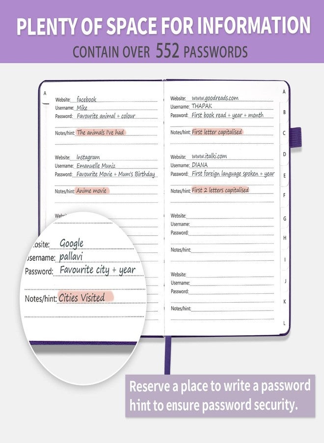 Blugool Password Book with Alphabetical Tabs, Hardcover Password Keeper, Password Notebook Organizer for Computer and Internet Address Website Login, Gifts for Home and Office, 5.3''x 7.7''- Purple - Image 4