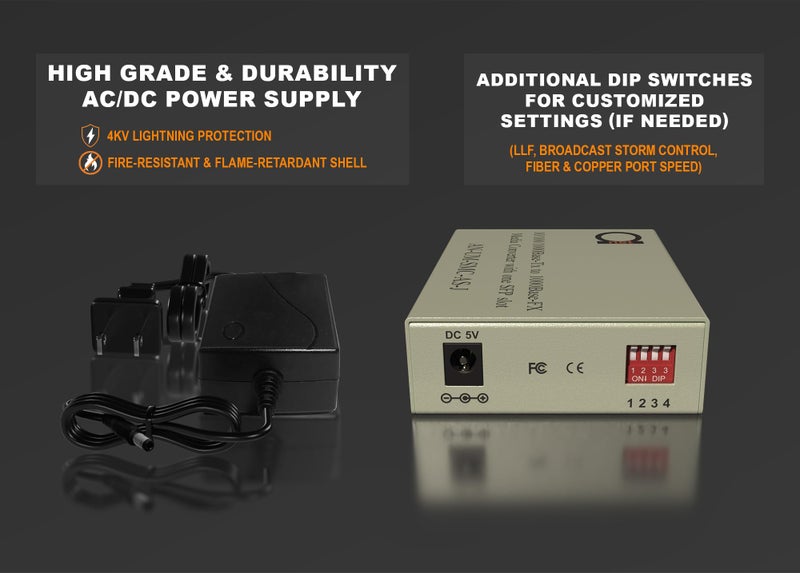 ADNET Single Mode Gigabit Fiber Media Converter - Built-In Fiber Module 20 km (12.42 miles) SC – to UTP Cat5e Cat6 10/100/1000 RJ-45 – Auto Sensing Gigabit or Fast Ethernet Speed - Jumbo Frame - LLF Support - Image 4