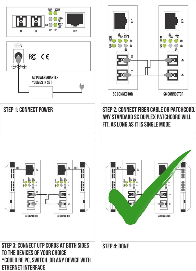 ADNET Single Mode Gigabit Fiber Media Converter - Built-In Fiber Module 20 km (12.42 miles) SC – to UTP Cat5e Cat6 10/100/1000 RJ-45 – Auto Sensing Gigabit or Fast Ethernet Speed - Jumbo Frame - LLF Support - Image 5