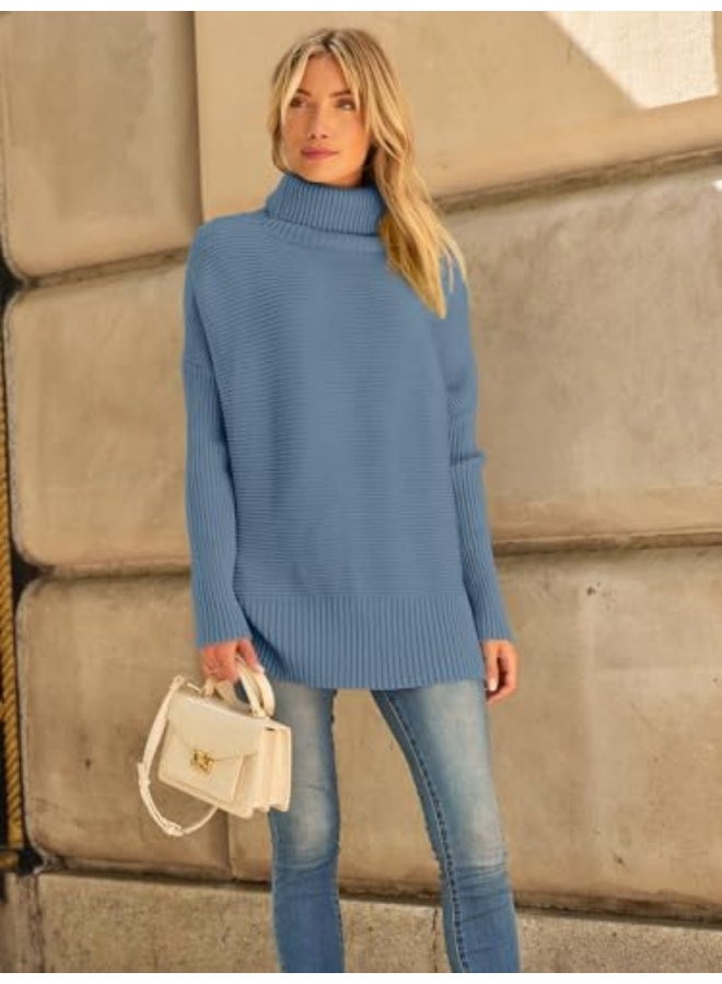 NIBEMINENT Women's Oversized Turtleneck Sweaters Fall Batwing Sleeve Ribbed Tunic Sweater - Image 2