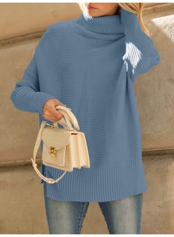 NIBEMINENT Women's Oversized Turtleneck Sweaters Fall Batwing Sleeve Ribbed Tunic Sweater - Image 3