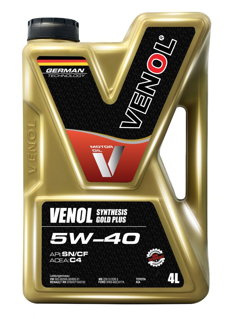 Venol Motor Oil SYNTHESIS GOLD PLUS 5W-40 Fully Synthetic Motor Oil – High-Performance Engine Lubricant for Gasoline & Diesel Vehicles – German Technology – API SN/CF, ACEA C4 – 4 Liters