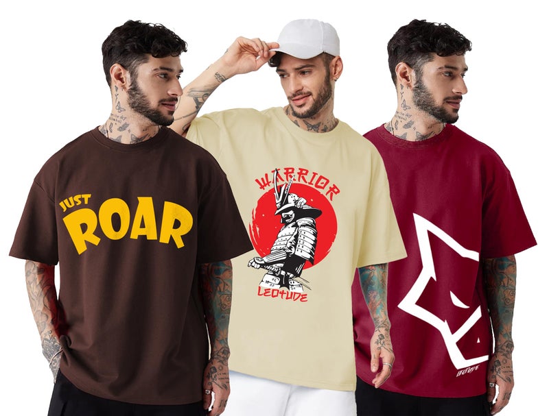 LEOTUDE Men Cotton Oversized Half Sleeve Round Neck T-Shirt (PO3_FS49_BSD_SUL_LSNLS_P_Beige, Maron_XXL) - Image 1