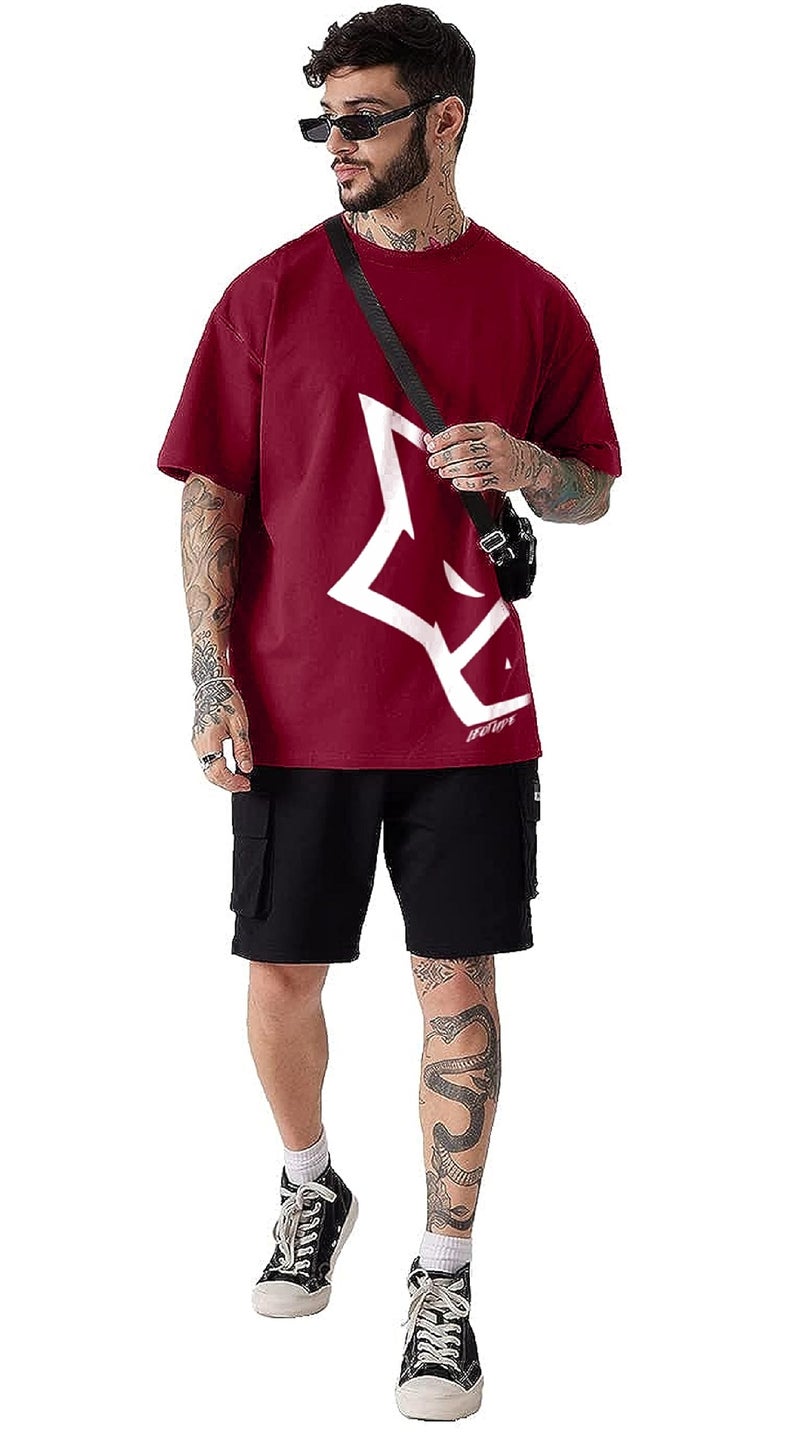 LEOTUDE Men Cotton Oversized Half Sleeve Round Neck T-Shirt (PO3_FS49_BSD_SUL_LSNLS_P_Beige, Maron_XXL) - Image 3