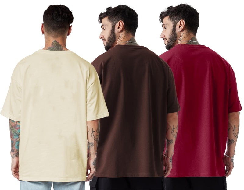 LEOTUDE Men Cotton Oversized Half Sleeve Round Neck T-Shirt (PO3_FS49_BSD_SUL_LSNLS_P_Beige, Maron_XXL) - Image 2
