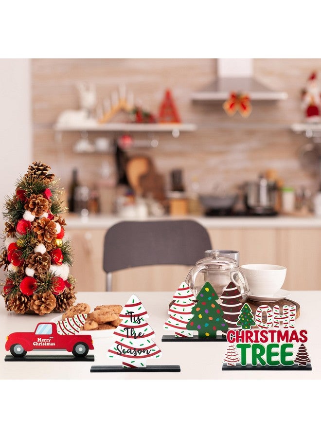 Haooryx Christmas Winter Table Centerpieces - 4Pcs Christmas Tree Cake Centerpieces Decoration Christmas Tree Wooden Table Topper Xmas Winter Holiday Tabletop Wood Sign Holiday Party Home Celebration - Image 4