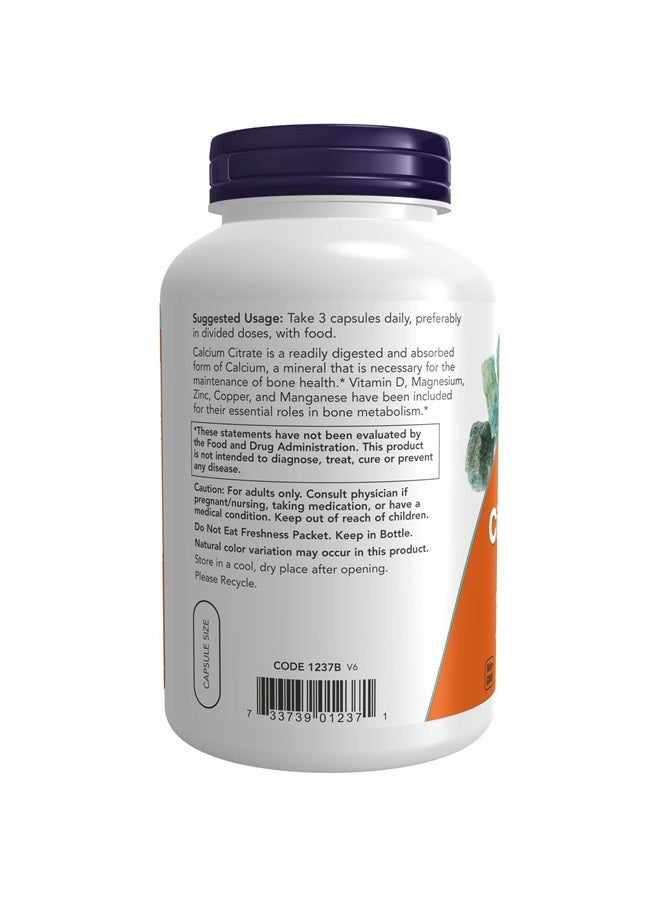 now مكملات، سترات الكالسيوم مع فيتامين د، مغنيسيوم، زنك، نحاس، ومنغنيز، 240 كبسولة نباتية - Image 3