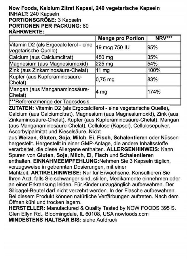 now مكملات، سترات الكالسيوم مع فيتامين د، مغنيسيوم، زنك، نحاس، ومنغنيز، 240 كبسولة نباتية - Image 4