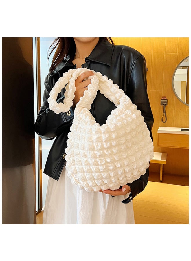 Doudou Bag Soft Texture Large Capacity Women's Shoulder Bag Commuter Casual Puff Cloud Bag Japanese And Korean Pleated Bag-Color:White - Image 5