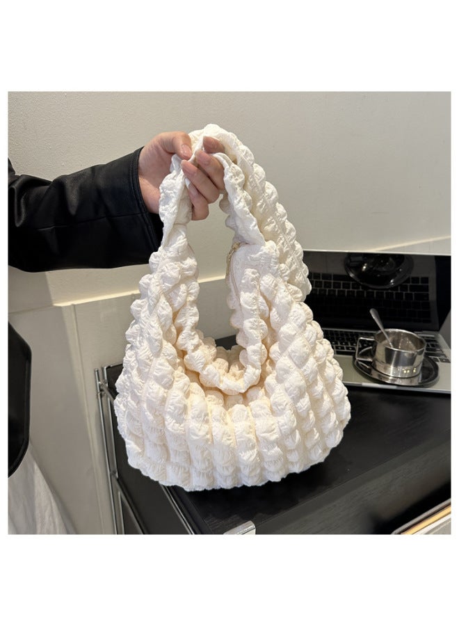 Doudou Bag Soft Texture Large Capacity Women's Shoulder Bag Commuter Casual Puff Cloud Bag Japanese And Korean Pleated Bag-Color:White - Image 1