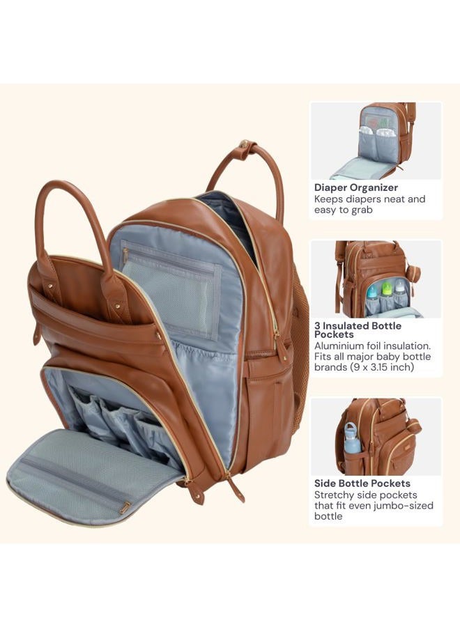 BabbleRoo Leather Diaper Bag Backpack - Baby Essentials Travel Baby Bag, Multi function, Water Resistant, with Changing Pad, Stroller Straps & Pacifier Case – Unisex, Natural Brown - Image 5