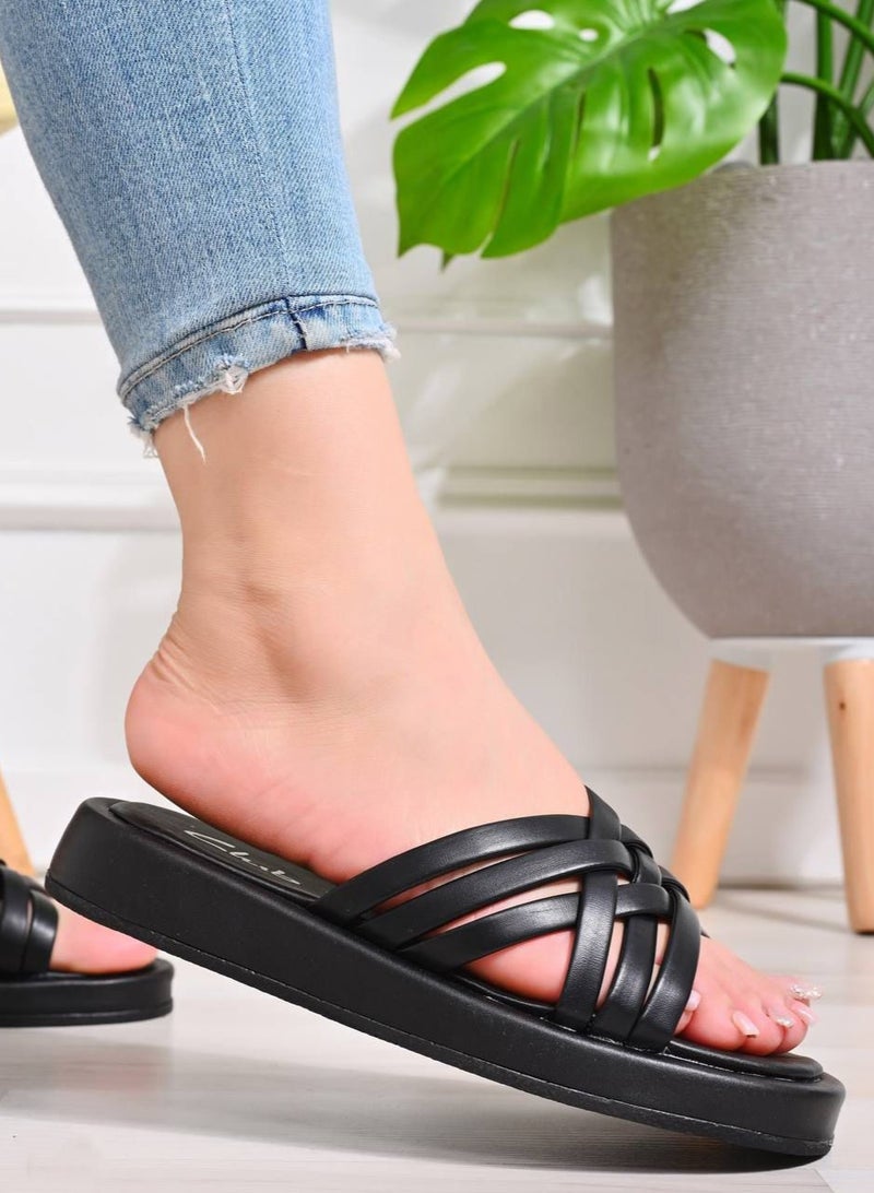 High-quality Leather Flat Slipper With An Elegant Front-BLACK
