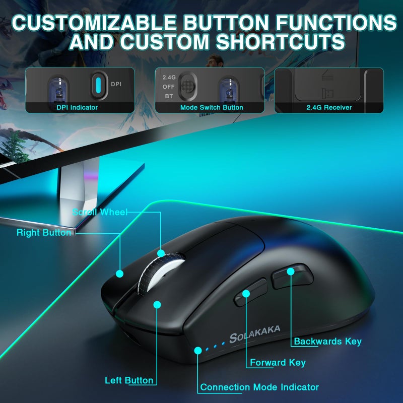 SOLAKAKA SM805 Lightweight Wireless Gaming Mouse,24000 DPI,Tri-Modes Connection,BT5.0/Type-C Wired/2.4G Wireless Mouse Gaming with 2 Side Buttons, Engineering Grip Custom Mouse for Gamer,Black - Image 4