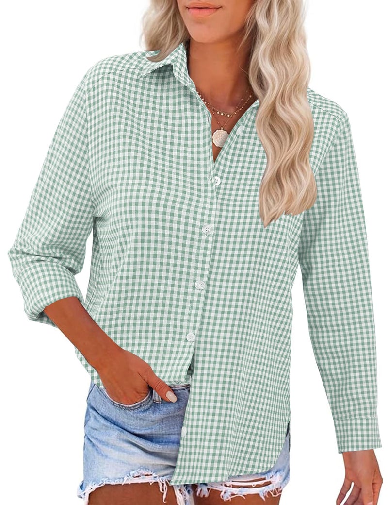 LOMON Cotton Blouses for Women Casual Button Down Shirts Long Sleeve Tops Loose Fit Summer Work Outfits Green and White Plaid M - Image 2