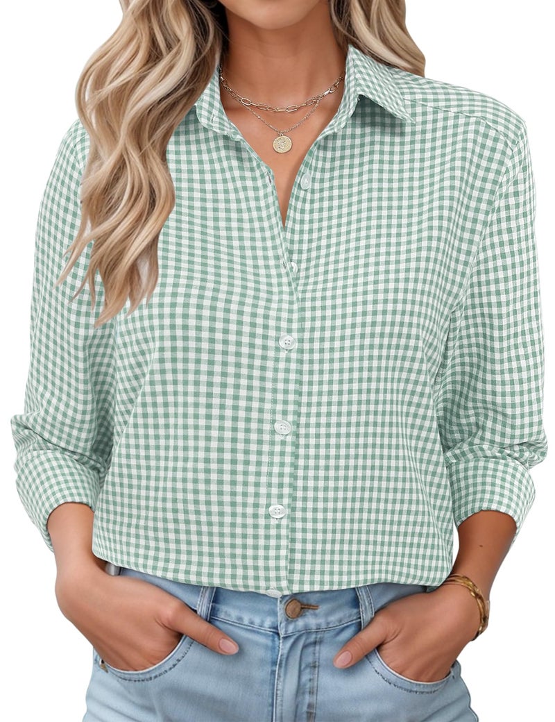 LOMON Cotton Blouses for Women Casual Button Down Shirts Long Sleeve Tops Loose Fit Summer Work Outfits Green and White Plaid M - Image 1