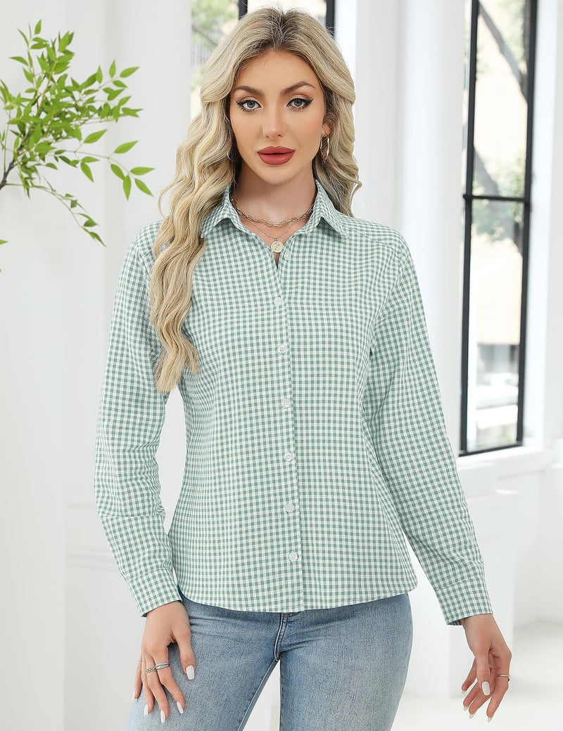 LOMON Cotton Blouses for Women Casual Button Down Shirts Long Sleeve Tops Loose Fit Summer Work Outfits Green and White Plaid M - Image 3