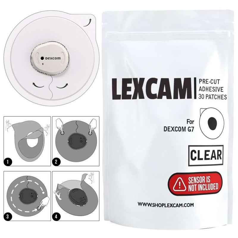 LEXCAM لصقات ليكسكام اللاصقة مقطوعة مسبقًا لدكسكوم G7، ستيلو - عبوة من 30 - مقاومة للماء، لاصقات شفافة لمراقبة الجلوكوز المستمرة، المستشعر غير مدرج. - Image 1