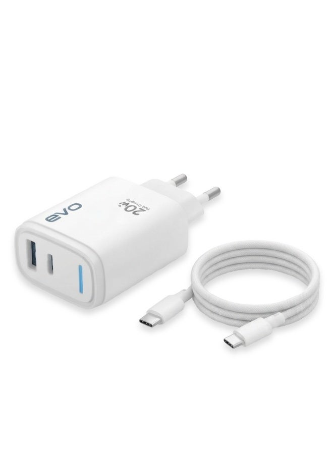 EVO-C02 20W Fast Wall Charger with USB-C Power Delivery, USB Port and Type-C to Type-C Cable, Dual Port Fast Charging Adapter, Compact USB-C Charger Block for iPhone, Android Phones, Tablets, Earbuds, Smartwatches and USB Devices - Image 1