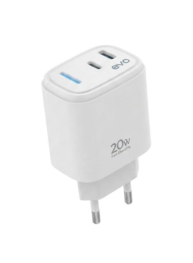 EVO-C02 20W Fast Wall Charger with USB-C Power Delivery, USB Port and Type-C to Type-C Cable, Dual Port Fast Charging Adapter, Compact USB-C Charger Block for iPhone, Android Phones, Tablets, Earbuds, Smartwatches and USB Devices - Image 2