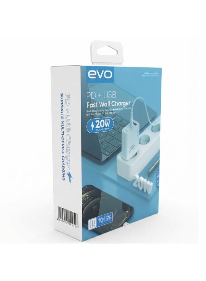 EVO-C02 20W Fast Wall Charger with USB-C Power Delivery, USB Port and Type-C to Type-C Cable, Dual Port Fast Charging Adapter, Compact USB-C Charger Block for iPhone, Android Phones, Tablets, Earbuds, Smartwatches and USB Devices - Image 4