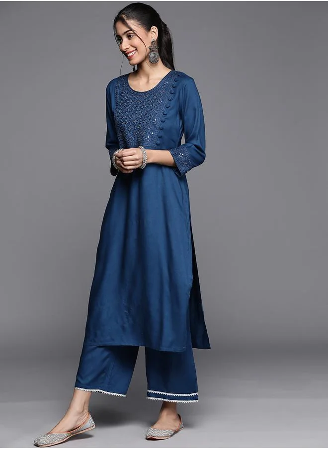 Libas Embroidered Kurta and Solid Palazzo with Chiffon Solid Dupatta Set by Styli