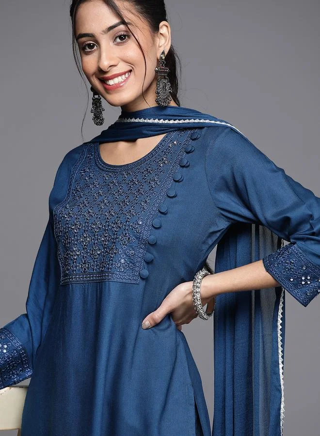 Libas Embroidered Kurta and Solid Palazzo with Chiffon Solid Dupatta Set by Styli