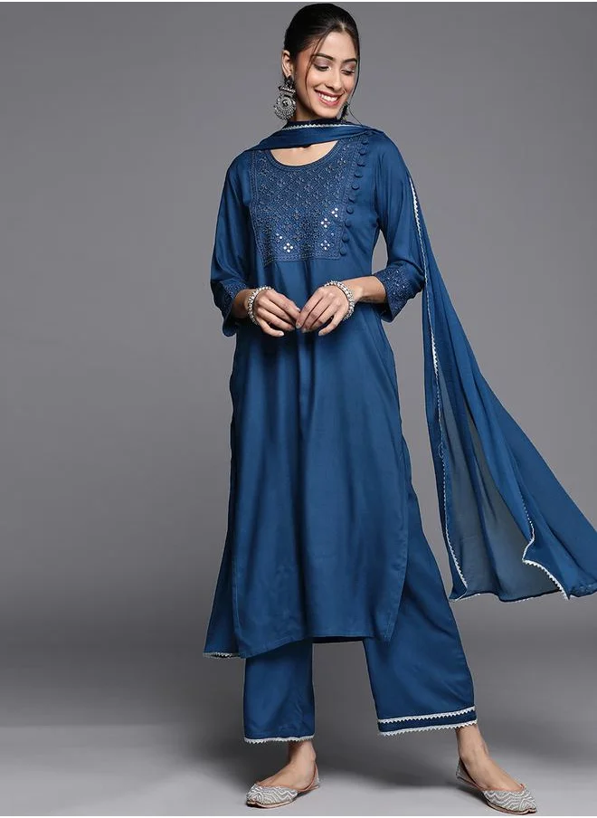 Libas Embroidered Kurta and Solid Palazzo with Chiffon Solid Dupatta Set by Styli