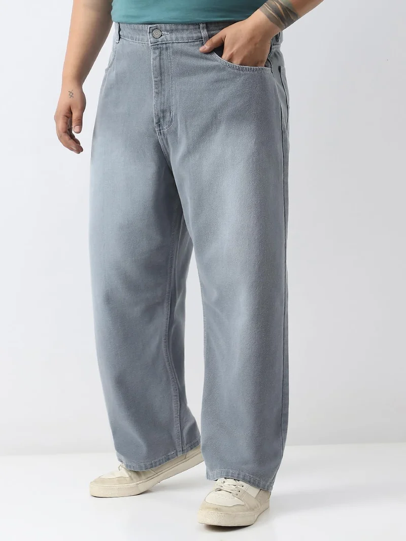 أوربانو فاشن Urbano Plus Men's Light Grey Loose Baggy Fit Washed Jeans Non-Stretchable