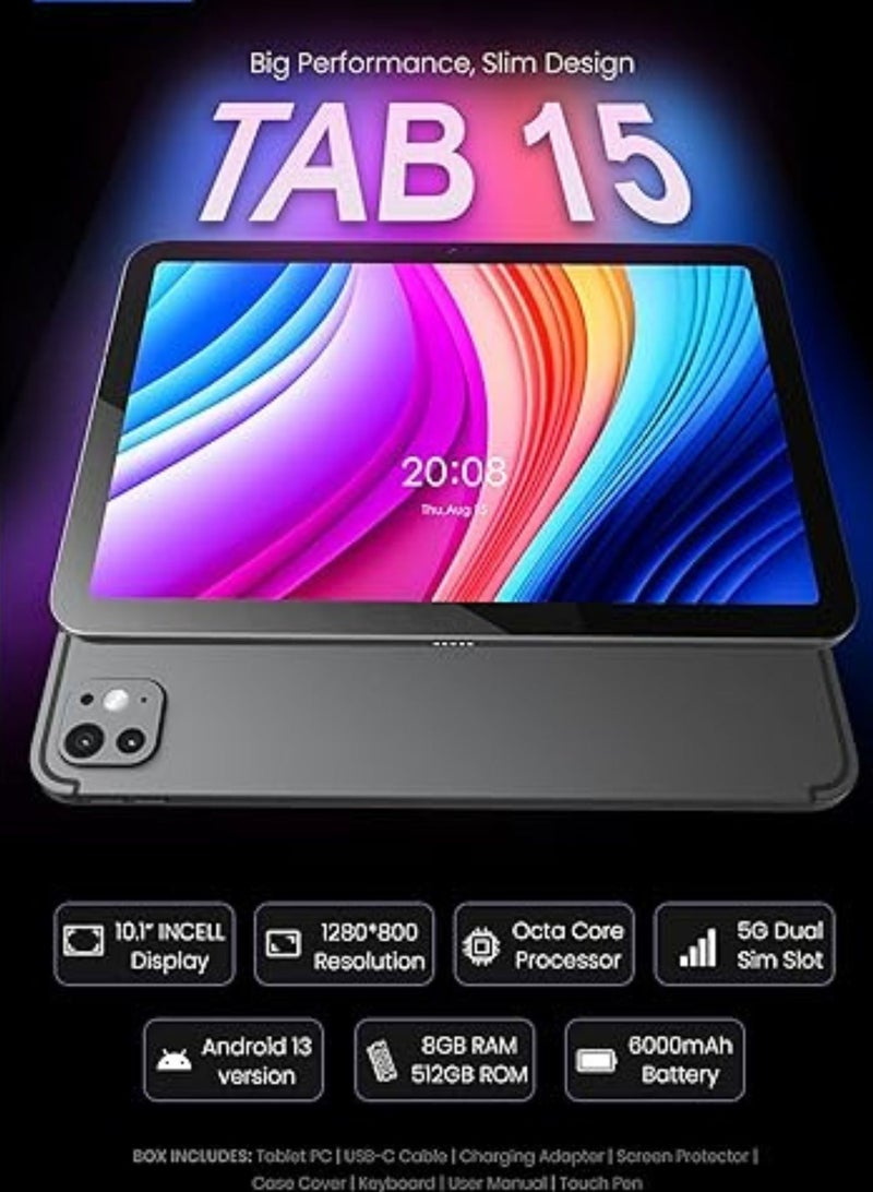 Oteeto TAB 15 Tablet/10.1 Inch/4G SIM/Premium Design/iOS Style Operating System/5G Dual SIM/Octa Core Processor/Included Flip Cover and Keyboard/8GB RAM + 512 GB ROM/Android 13/6000 mAh/8MP Front + 13 MP Rear Camera_Grey - Image 5